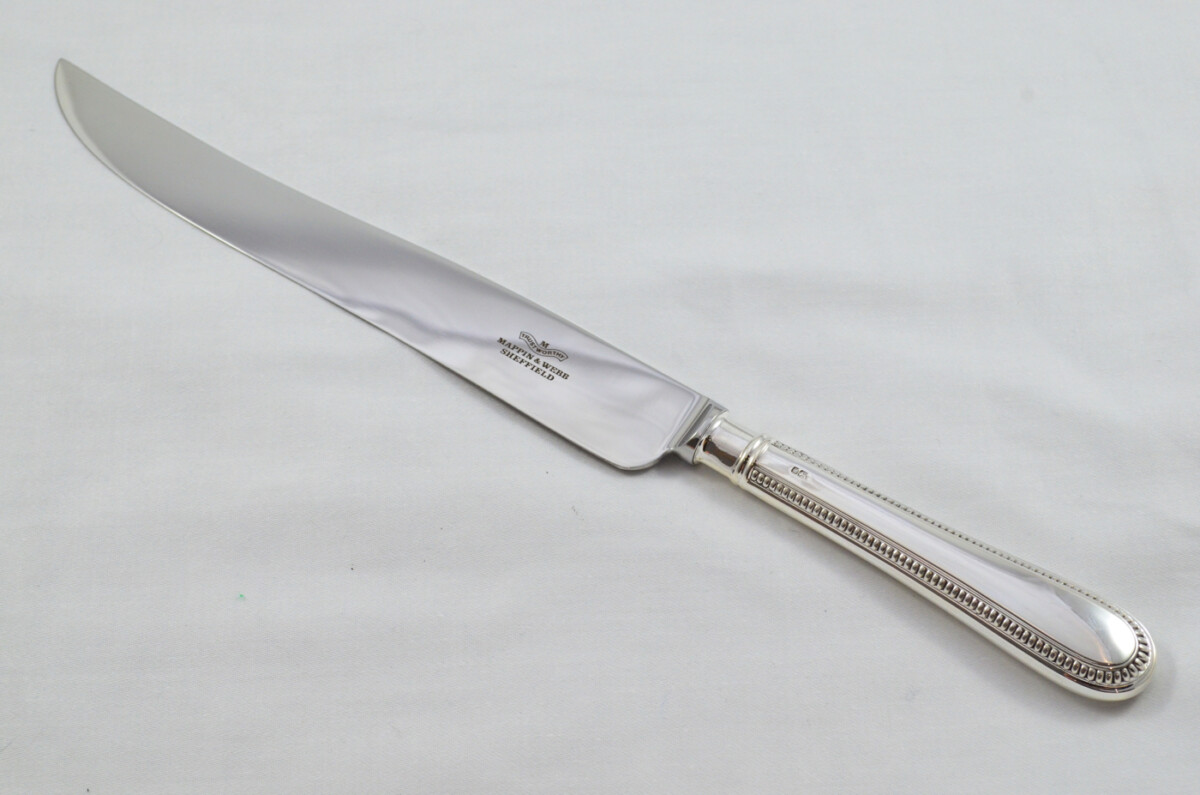 Mappin & Webb Wooden Cased Sterling Silver Handled 2 Piece Carving Set Bead Pattern 1998 - Image 3