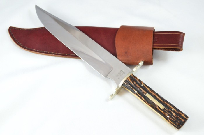 VERY RARE Jonathan Crookes 16" Hand Forged Stag Horn Antler Handled Bowie Knife with Leather Sheath C.1950