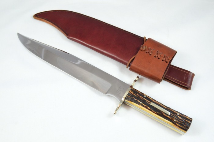 VERY RARE Jonathan Crookes 16" Hand Forged Stag Horn Antler Handled Bowie Knife with Leather Sheath C.1950 - Image 3