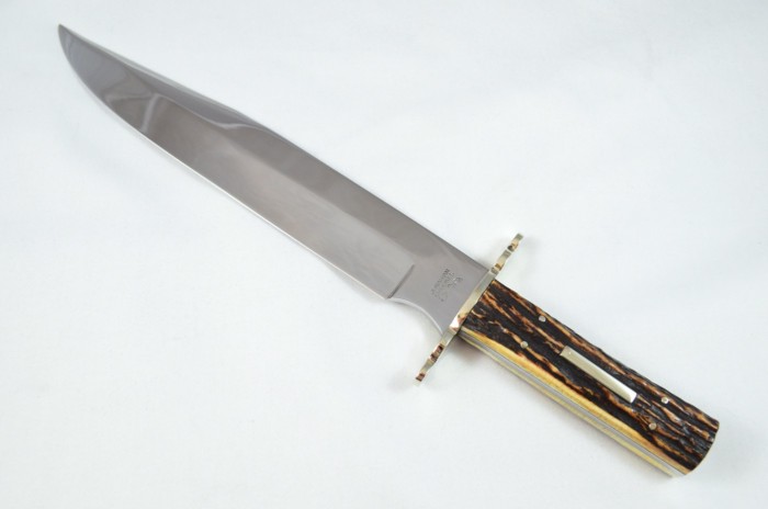 VERY RARE Jonathan Crookes 16" Hand Forged Stag Horn Antler Handled Bowie Knife with Leather Sheath C.1950 - Image 4