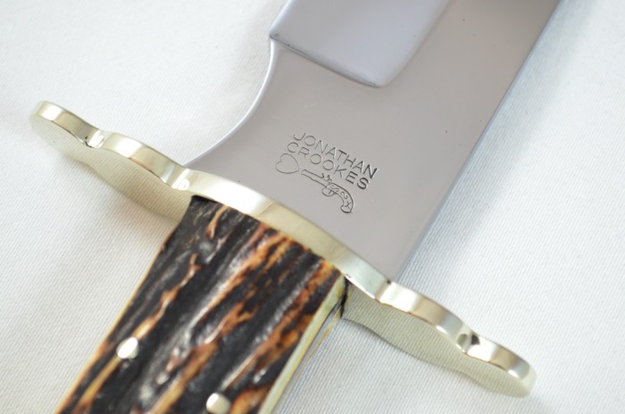 VERY RARE Jonathan Crookes 16" Hand Forged Stag Horn Antler Handled Bowie Knife with Leather Sheath C.1950 - Image 2