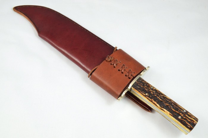 VERY RARE Jonathan Crookes 16" Hand Forged Stag Horn Antler Handled Bowie Knife with Leather Sheath C.1950 - Image 10