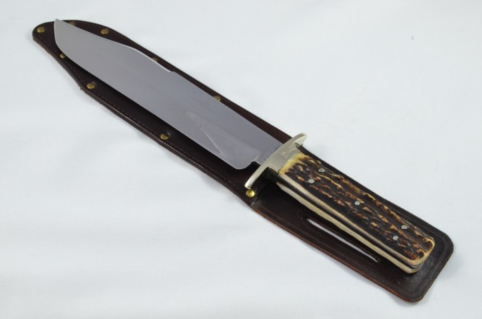 RARE I.X.L. George Wolstenholme Hand Forged Stag Horn Antler Handled Bowie Knife with Leather Sheath C.1940
