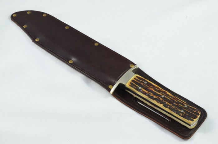 RARE I.X.L. George Wolstenholme Hand Forged Stag Horn Antler Handled Bowie Knife with Leather Sheath C.1940 - Image 8