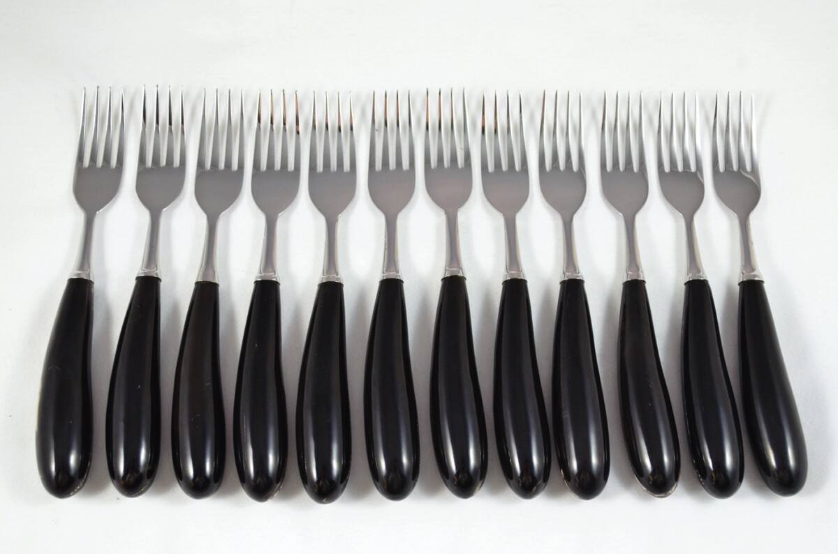 A Set of 12 Sheffield Steak Forks with Water Buffalo Horn Handles
