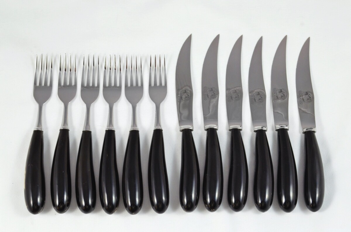 A Set of 6 Sheffield Steak Knives & Forks with Water Buffalo Horn Handles