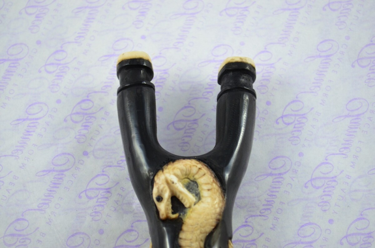 Buffalo Horn Hand Carved Serpent Catapult / Slingshot with Stag Accents - Image 4