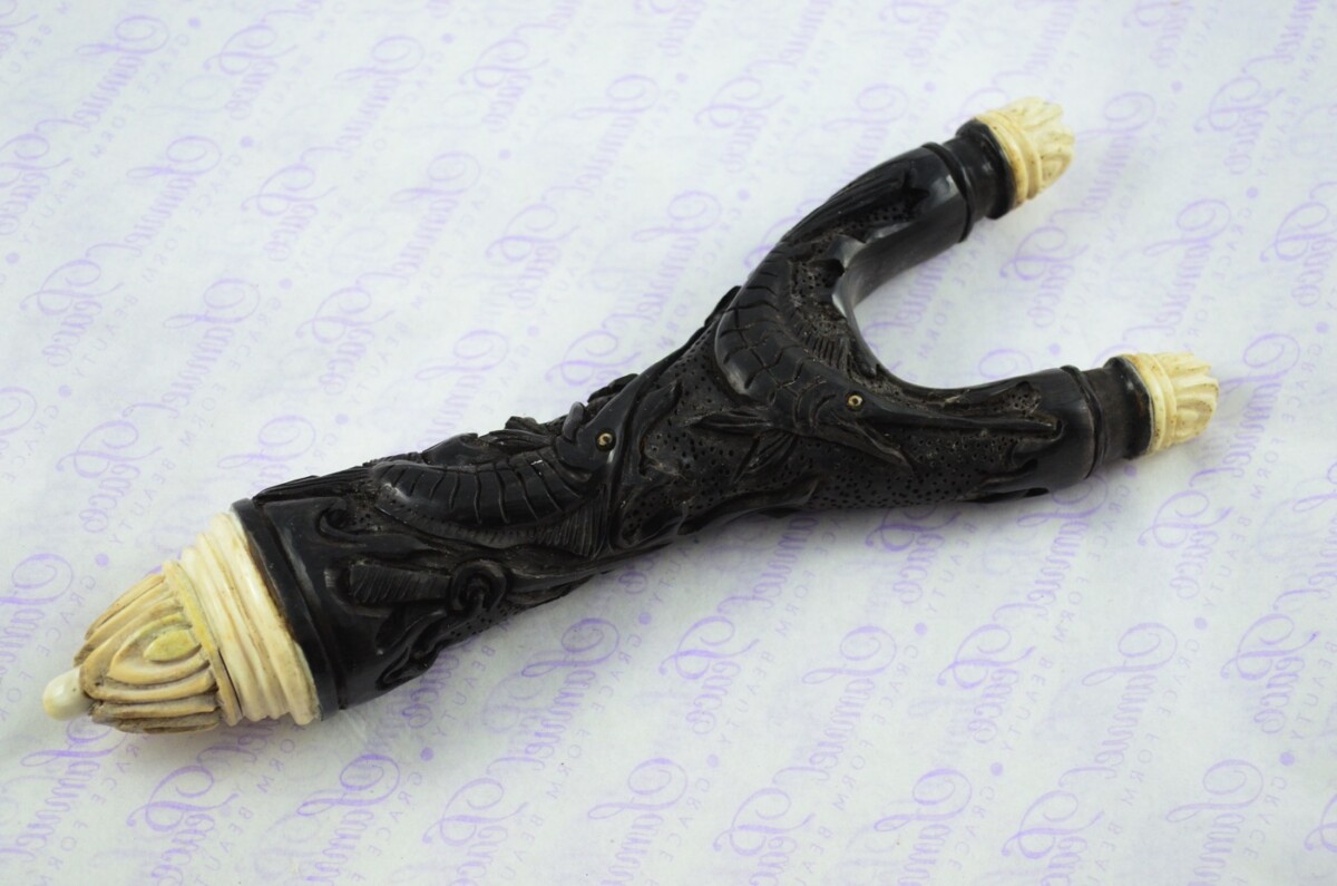 Buffalo Horn Ornate Hand Carved Catapult / Slingshot with Stag Accents