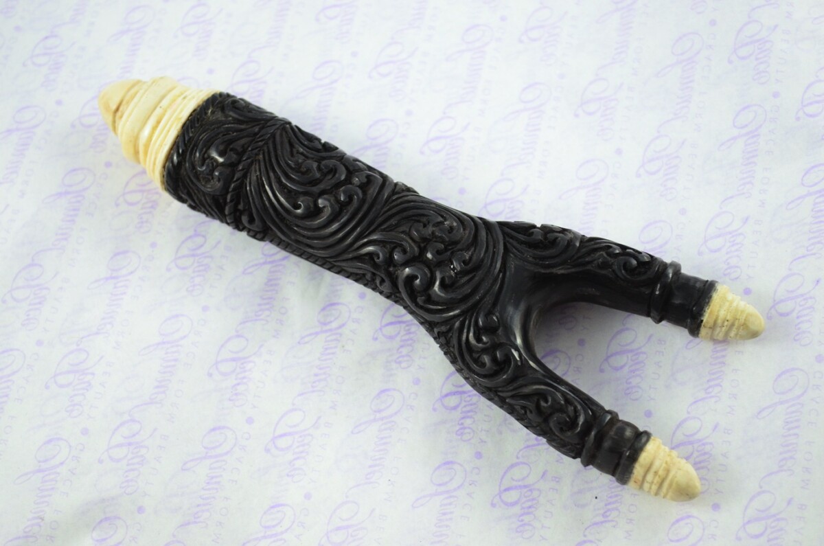 Buffalo Horn Ornate Hand Carved Catapult / Slingshot with Stag Accents - Image 2