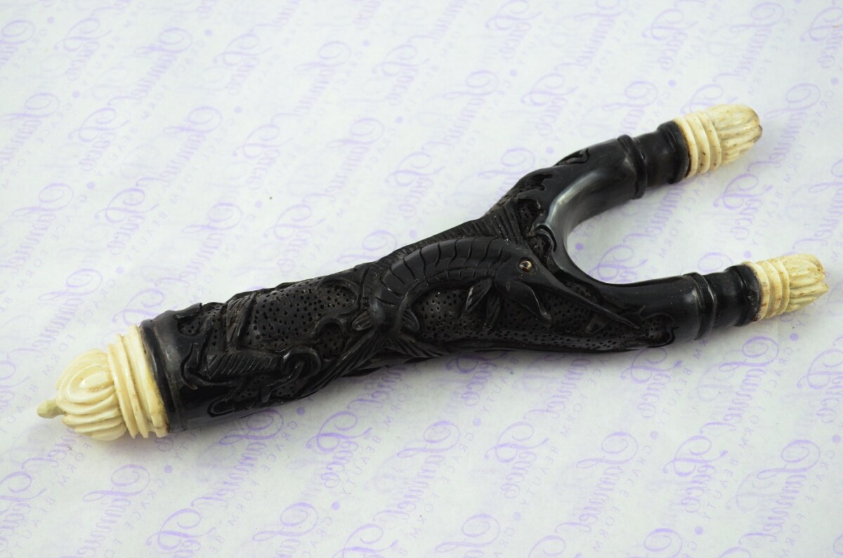 Buffalo Horn Ornate Hand Carved Catapult / Slingshot with Stag Accents - Image 7