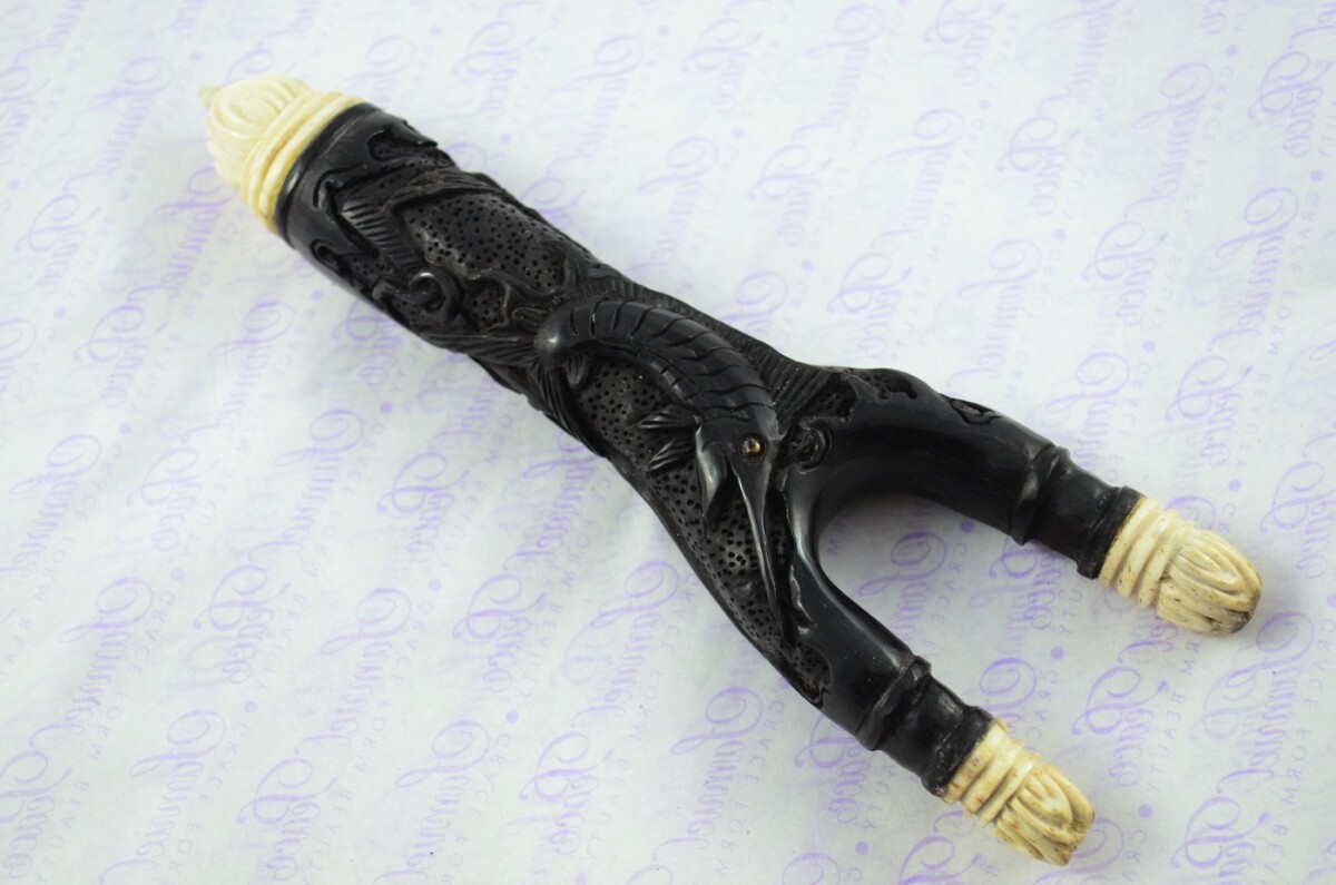 Buffalo Horn Ornate Hand Carved Catapult / Slingshot with Stag Accents - Image 2