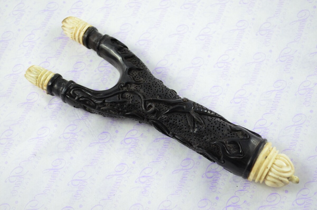Buffalo Horn Ornate Hand Carved Catapult / Slingshot with Stag Accents - Image 3