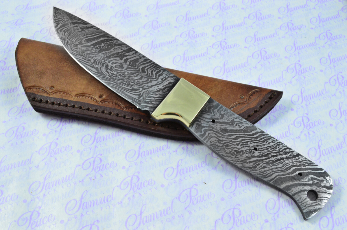 Knife Making Kit! Damascus Steel Hunting/Bowie Knife Laminate Wood Scales Brass Bolster inc Leather Sheath - Image 2