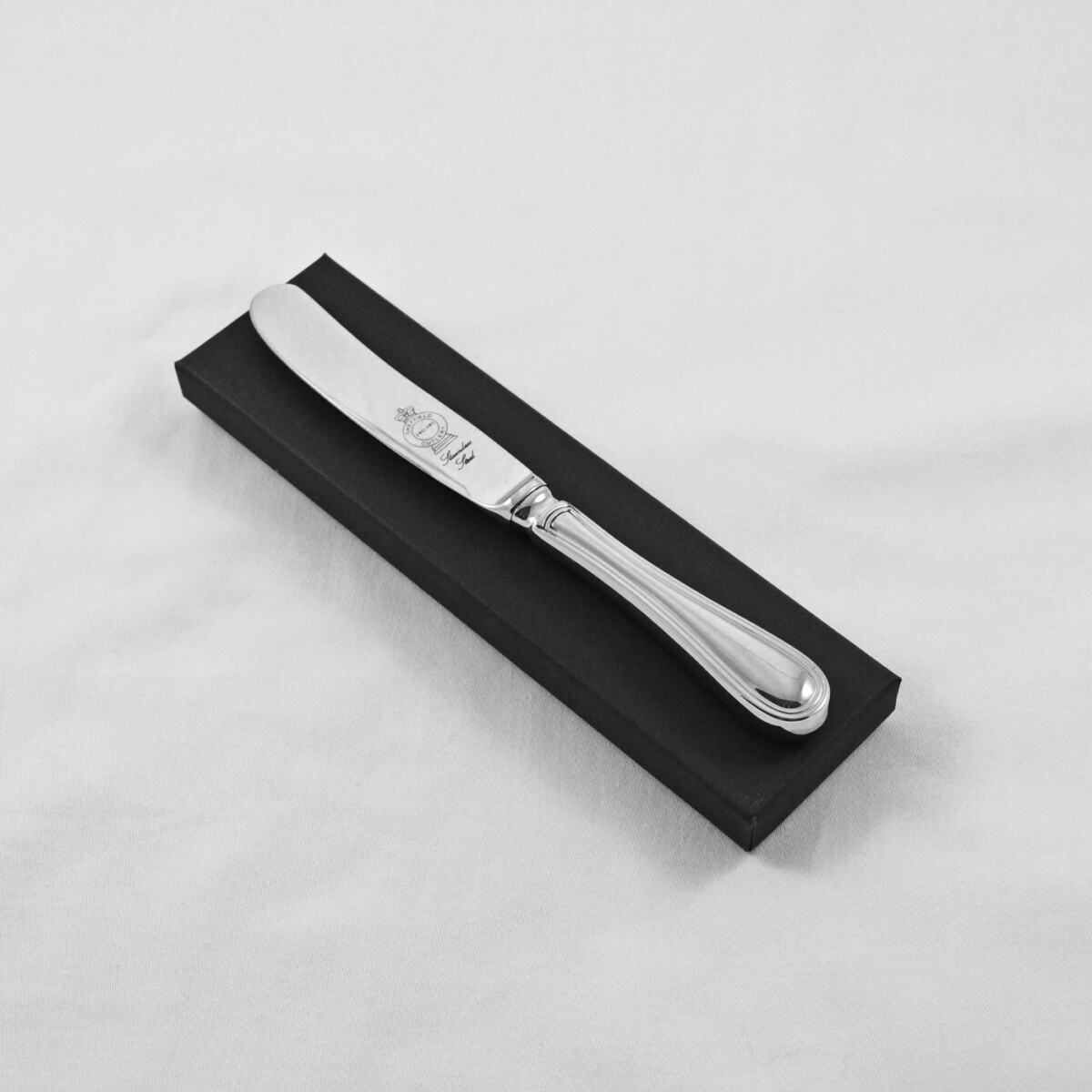 A Old English Thread Pattern Stainless Steel Butter Knife Gift Boxed And Engraved 'Sheffield, England'