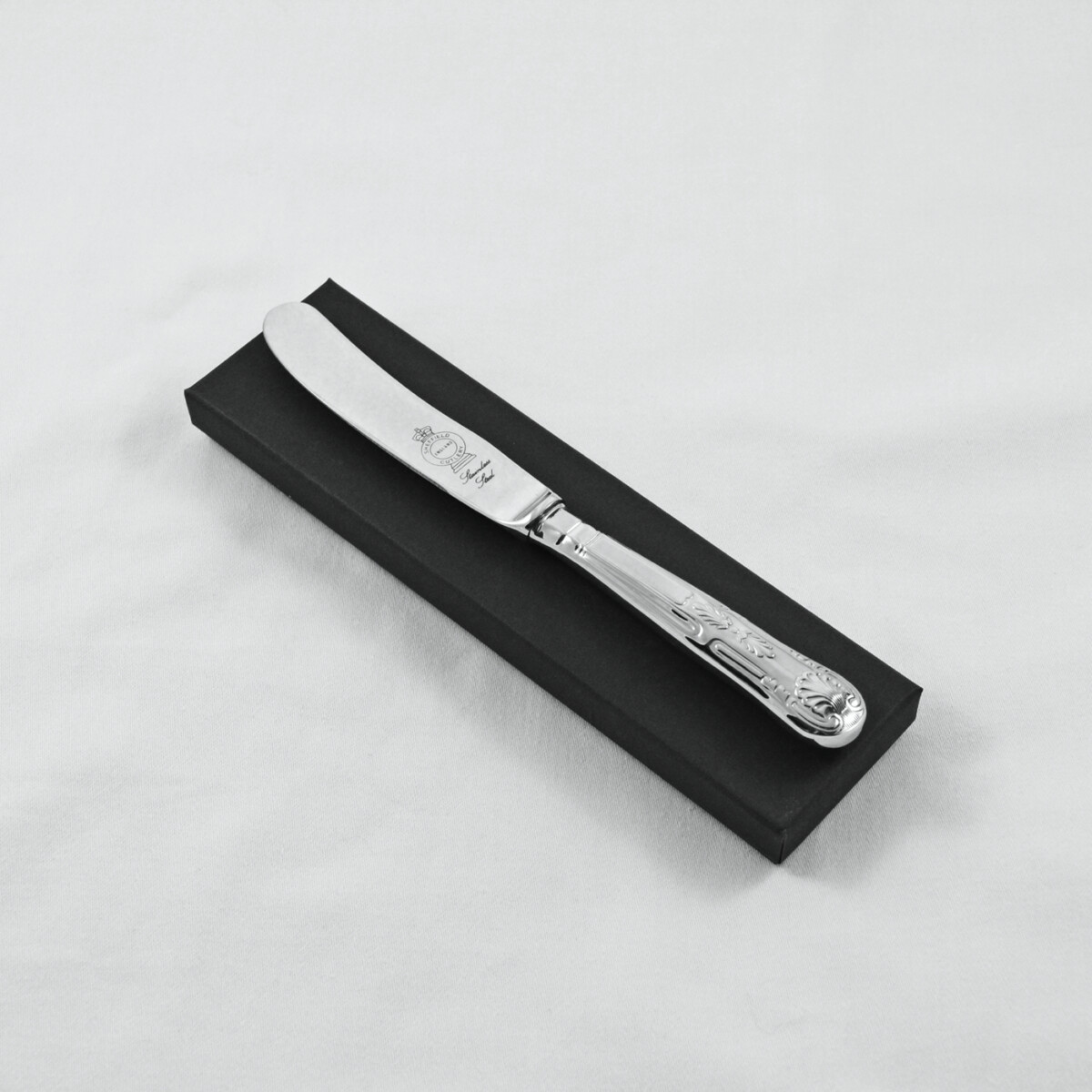 A Kings Pattern Stainless Steel Butter Knife Gift Boxed And Engraved 'Sheffield, England'