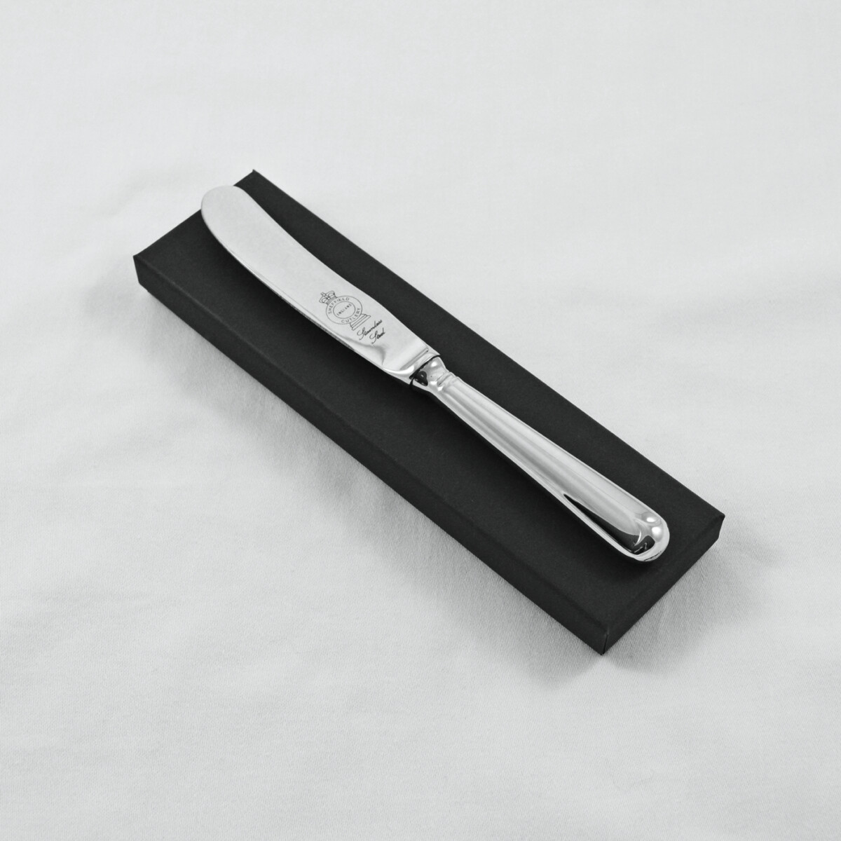 An Old English Pip Pattern Stainless Steel Butter Knife Gift Boxed And Engraved 'Sheffield, England'