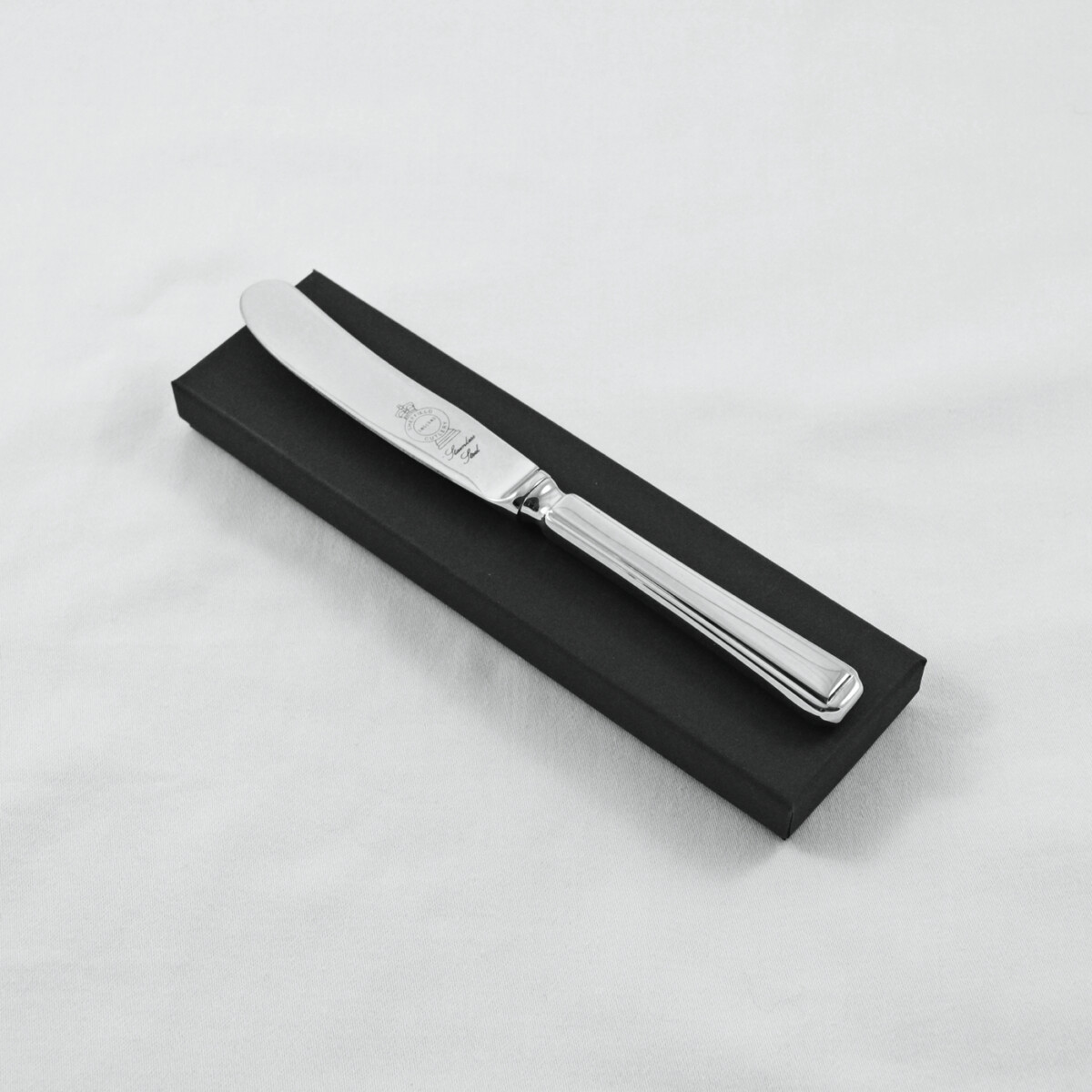 A Harley Pattern Stainless Steel Butter Knife Gift Boxed And Engraved 'Sheffield, England'