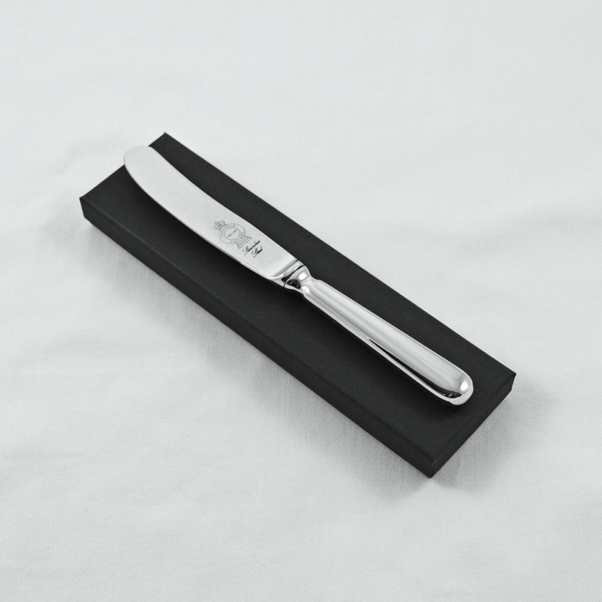 A Baguette Pattern Stainless Steel Butter Knife Gift Boxed And Engraved 'Sheffield, England'