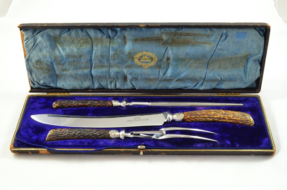 Antique Thomas Turner & Co Sambar Stag Antler Horn Handled 3 Piece Carving Set 1890