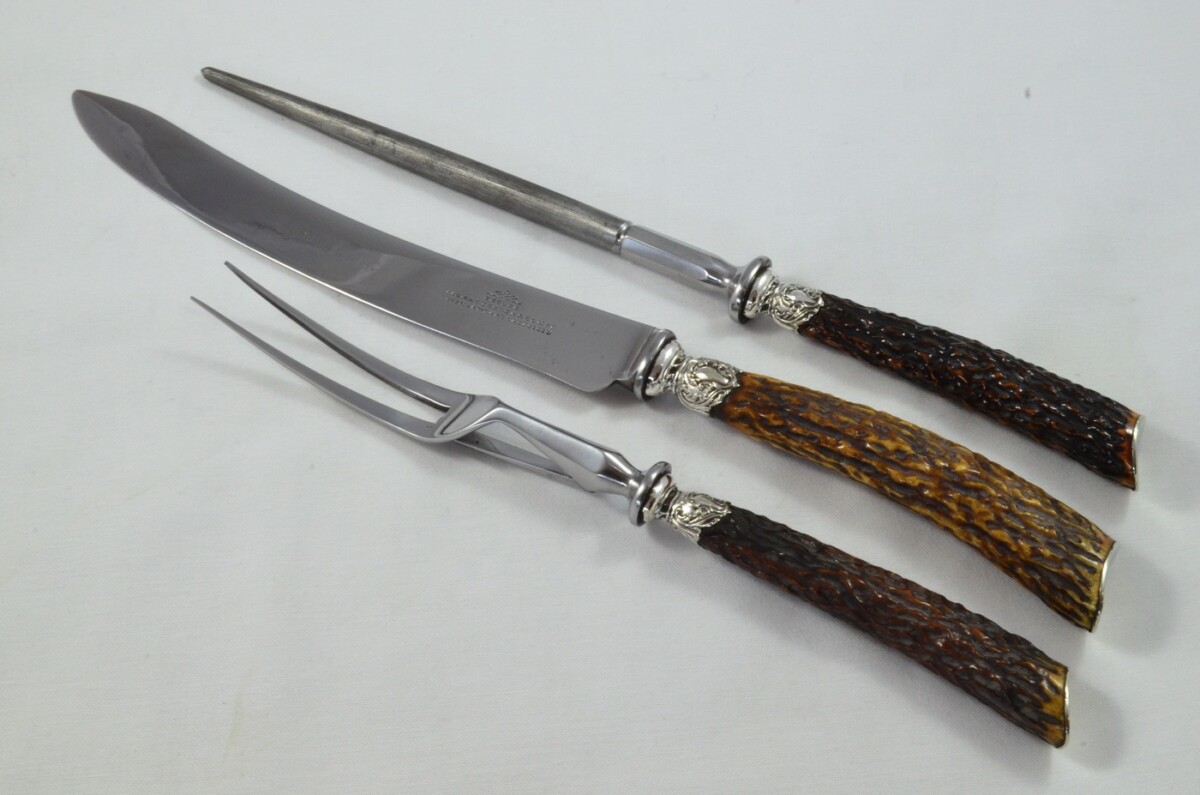 Antique Thomas Turner & Co Sambar Stag Antler Horn Handled 3 Piece Carving Set 1890 - Image 2