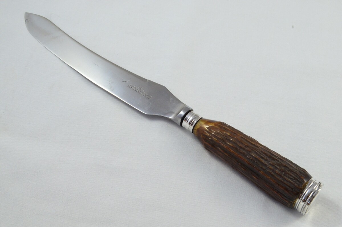 Joseph Elliot Sheffield Handmade Stag Antler Horn Handled 3 Piece Carving Set - Silver Plated Cap & Ferrule - Image 3