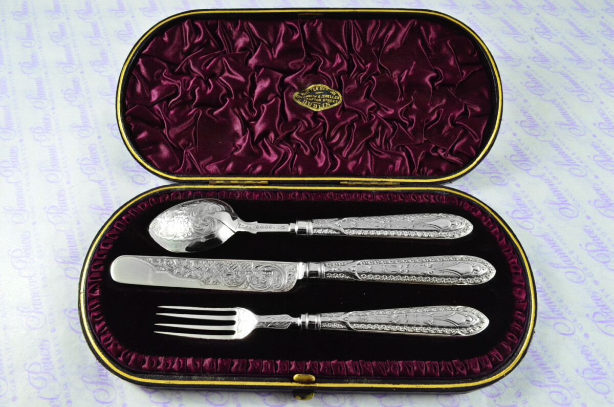 A Rare & Unique Sterling Silver Antique 3 Piece Child's Set - Private Pattern Birmingham Assayed 1885