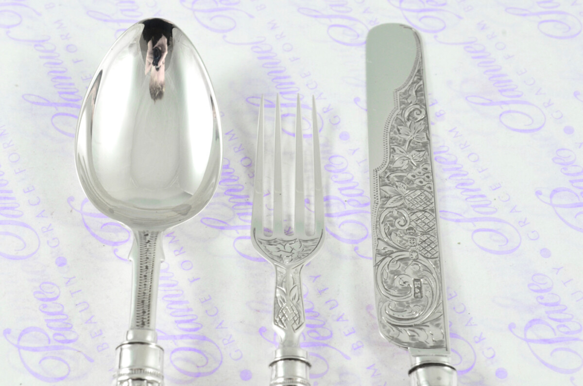A Rare & Unique Sterling Silver Antique 3 Piece Child's Set - Private Pattern Birmingham Assayed 1885 - Image 16