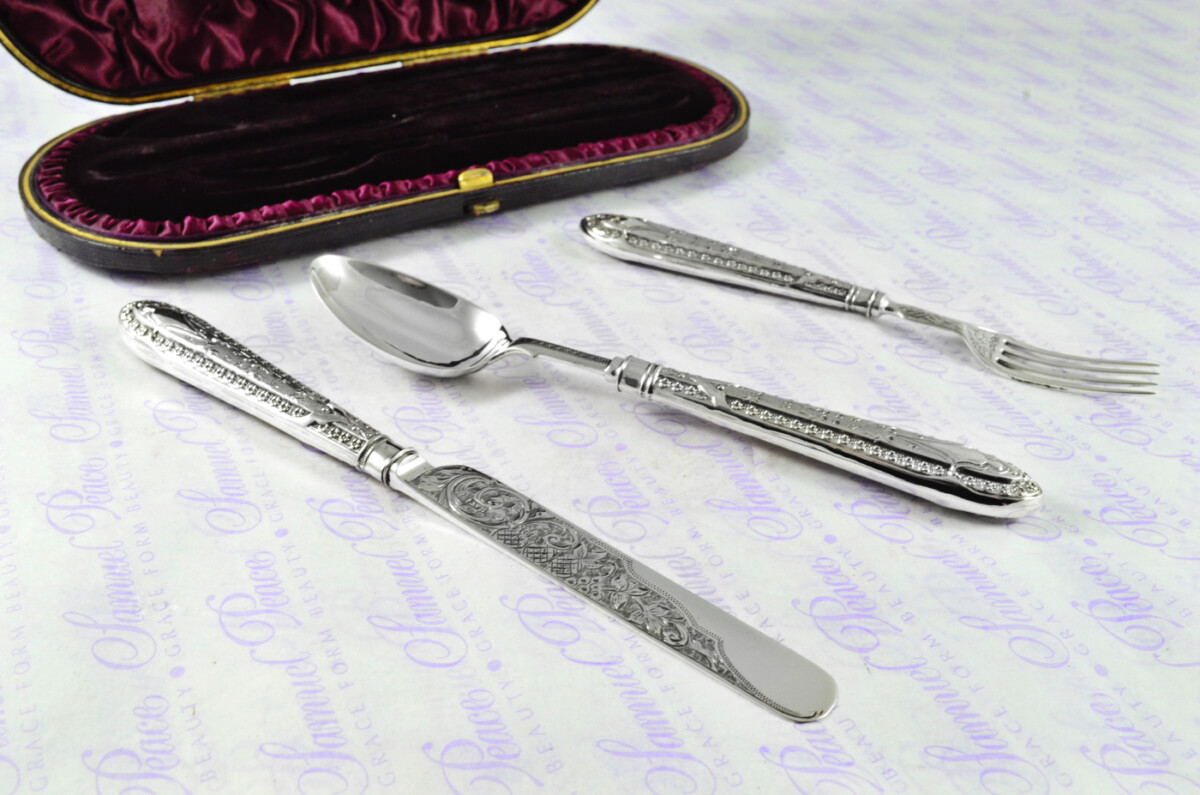 A Rare & Unique Sterling Silver Antique 3 Piece Child's Set - Private Pattern Birmingham Assayed 1885 - Image 17