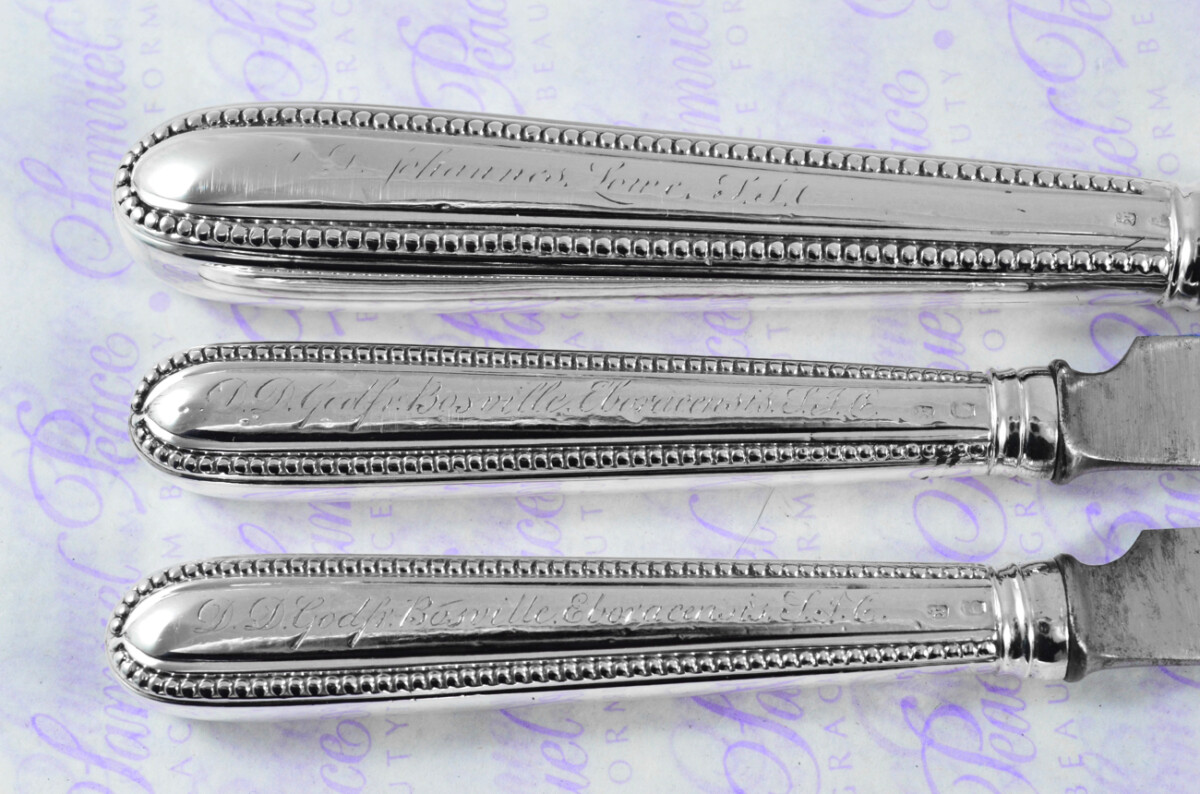 Collection of London Assayed Georgian Sterling Silver Handled Cutlery Table & Dessert Knives & Forks 1769 - Image 12