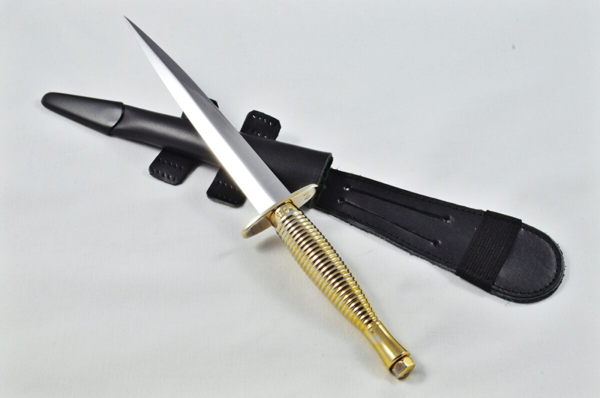2025 Fairbairn Sykes Type 3 Gold Plated Handle Bright Blade Commando Knife Made in Sheffield England - Leg Sheath