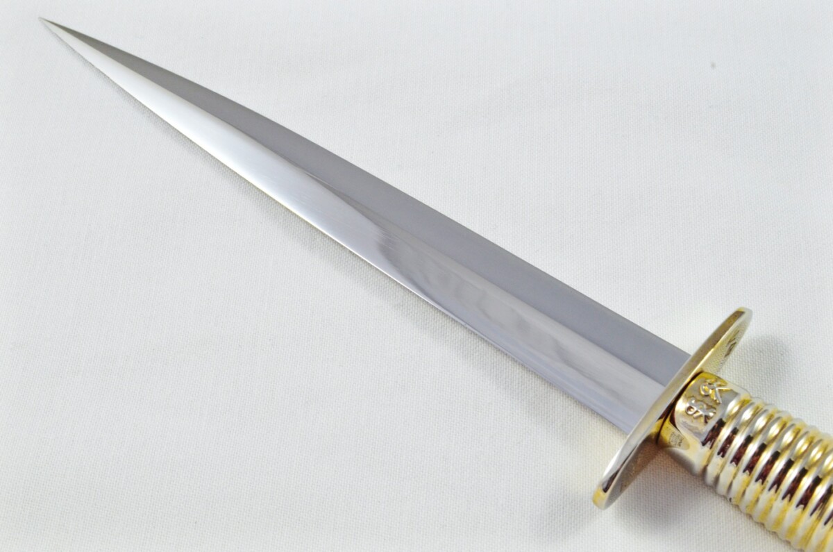 2025 Fairbairn Sykes Type 3 Gold Plated Handle Bright Blade Commando Knife Made in Sheffield England - Belt Sheath - Image 5