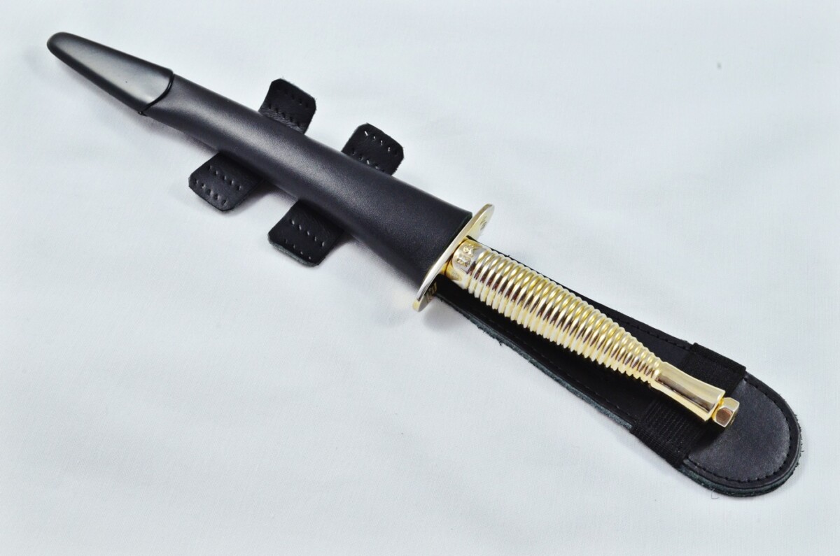 2025 Fairbairn Sykes Type 3 Gold Plated Handle Bright Blade Commando Knife Made in Sheffield England - Leg Sheath - Image 8