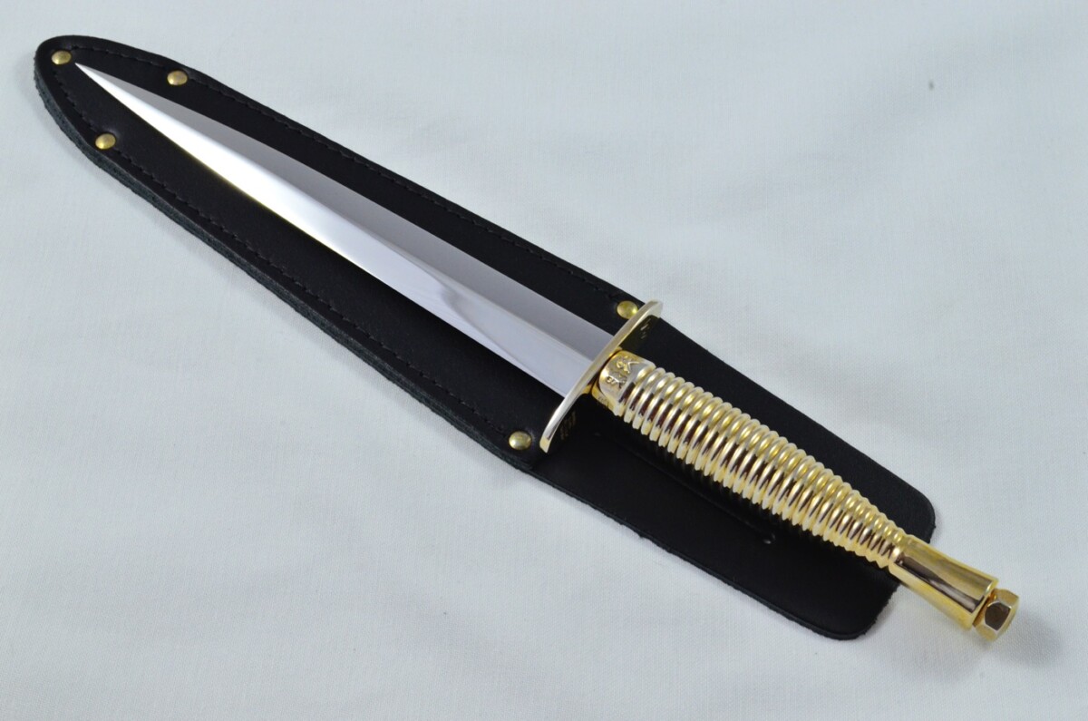2025 Fairbairn Sykes Type 3 Gold Plated Handle Bright Blade Commando Knife Made in Sheffield England - Belt Sheath