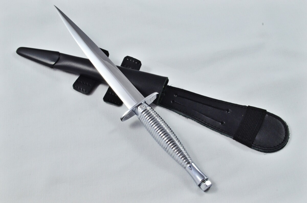 2025 Fairbairn Sykes Type 3 Chrome Plated Handle Bright Blade Commando Knife Made in Sheffield England - Leg Sheath