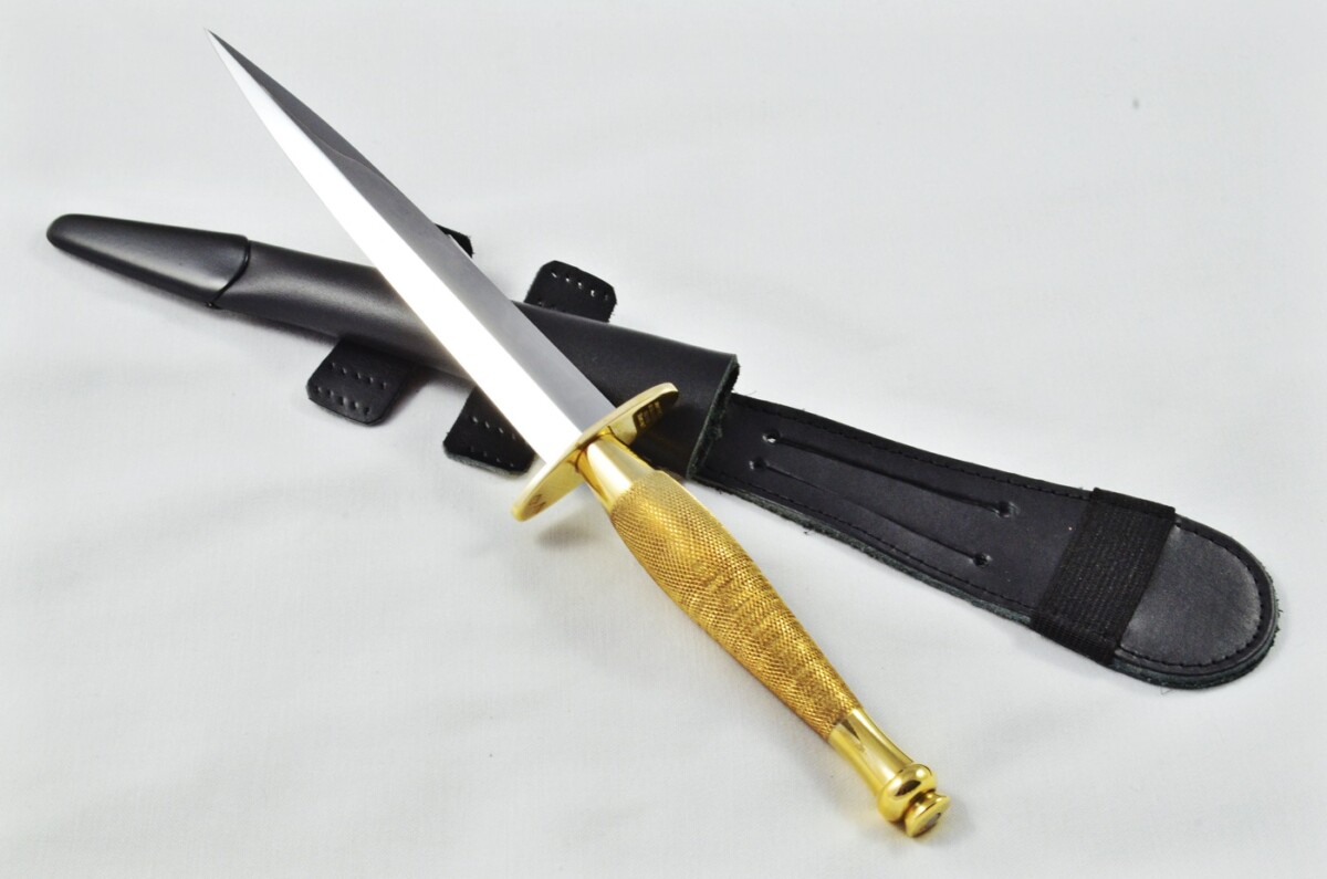 2025 Fairbairn Sykes Second Pattern Brass Handle Bright Blade Commando Knife Made in Sheffield England - Leg Sheath