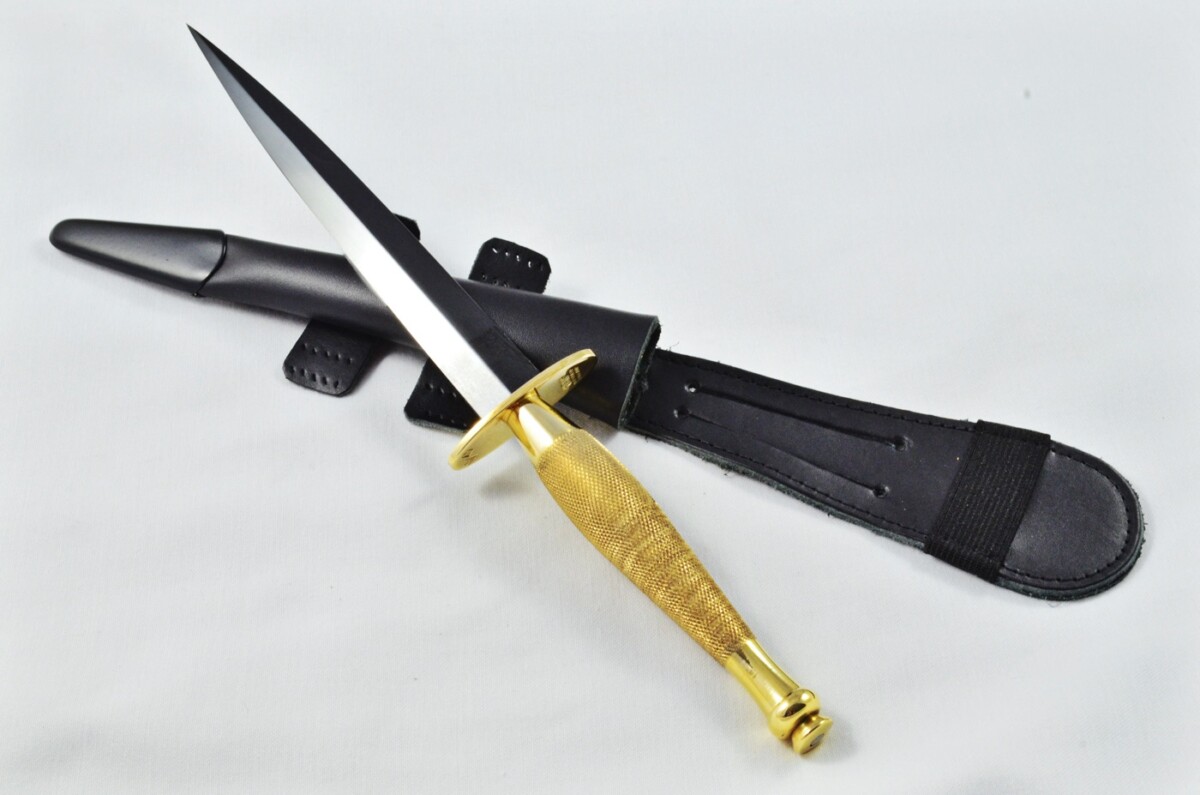 2025 Fairbairn Sykes Second Pattern Brass Handle Black Blade Commando Knife Made in Sheffield England - Leg Sheath