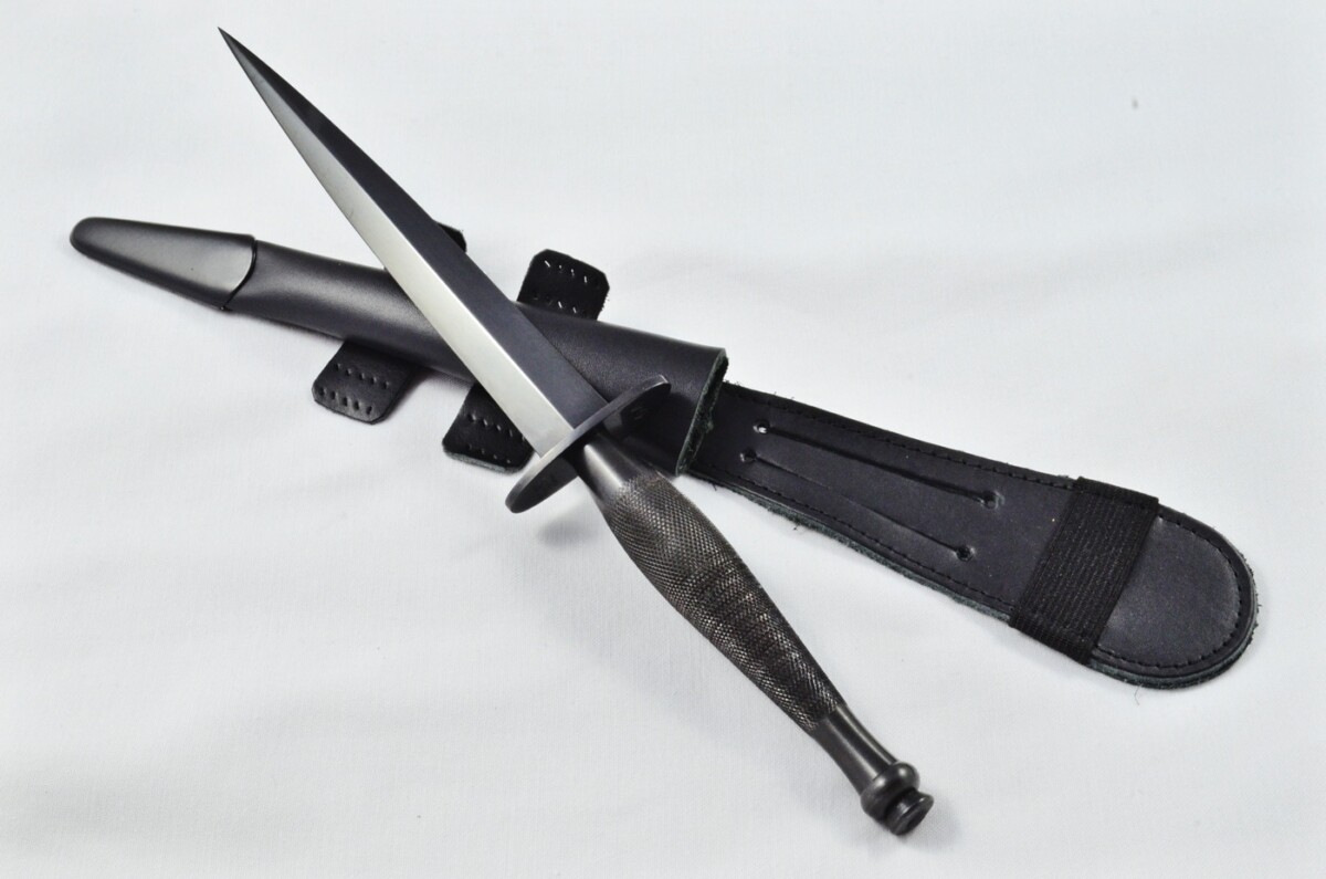 2025 Fairbairn Sykes Second Pattern Black Handle Black Blade Commando Knife Made in Sheffield England - Leg Sheath