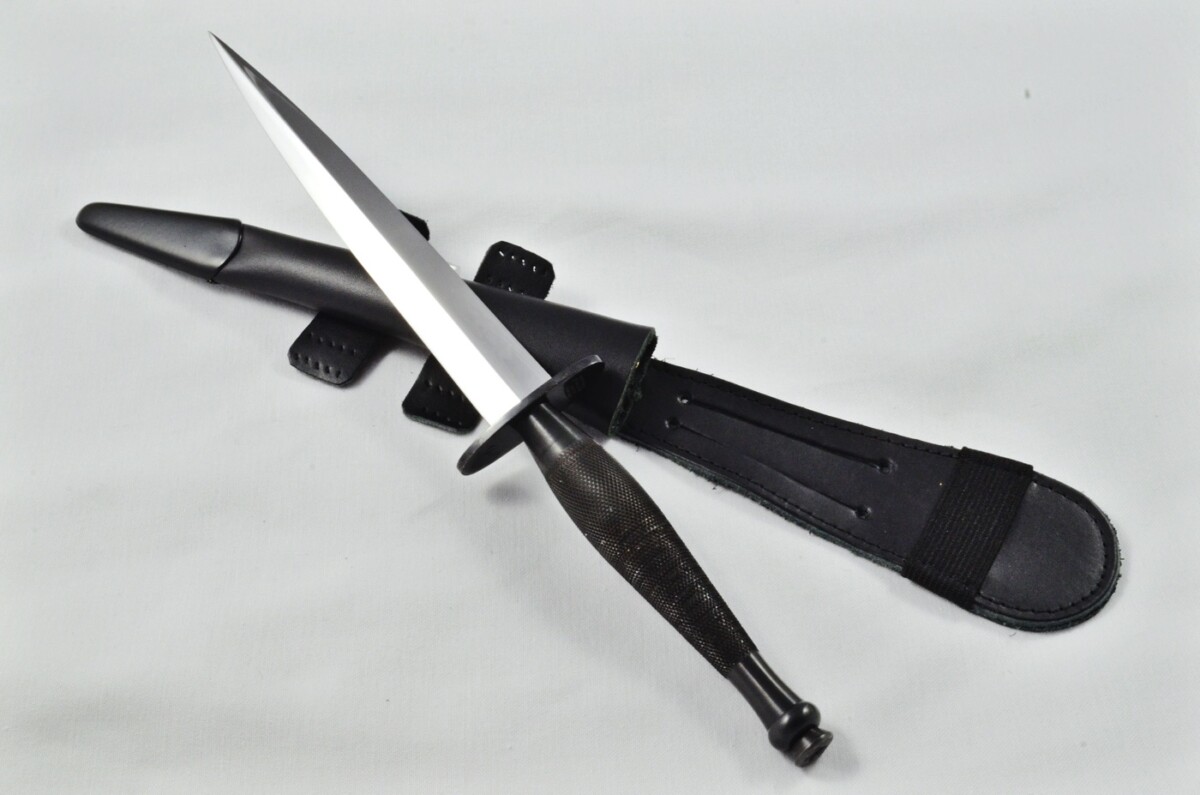 2025 Fairbairn Sykes Second Pattern Black Handle Bright Blade Commando Knife Made in Sheffield England - Leg Sheath