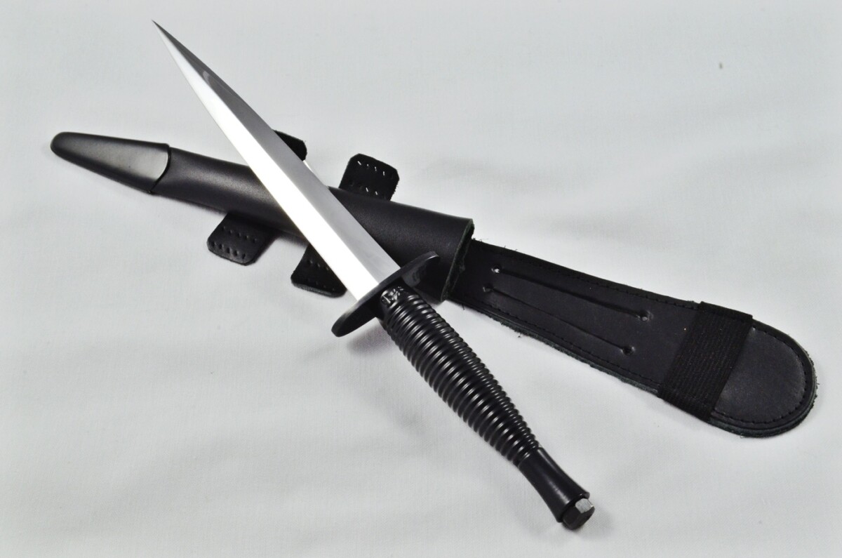 2025 Fairbairn Sykes Type 3 Black Handle Bright Blade Commando Knife Made in Sheffield England - Leg Sheath