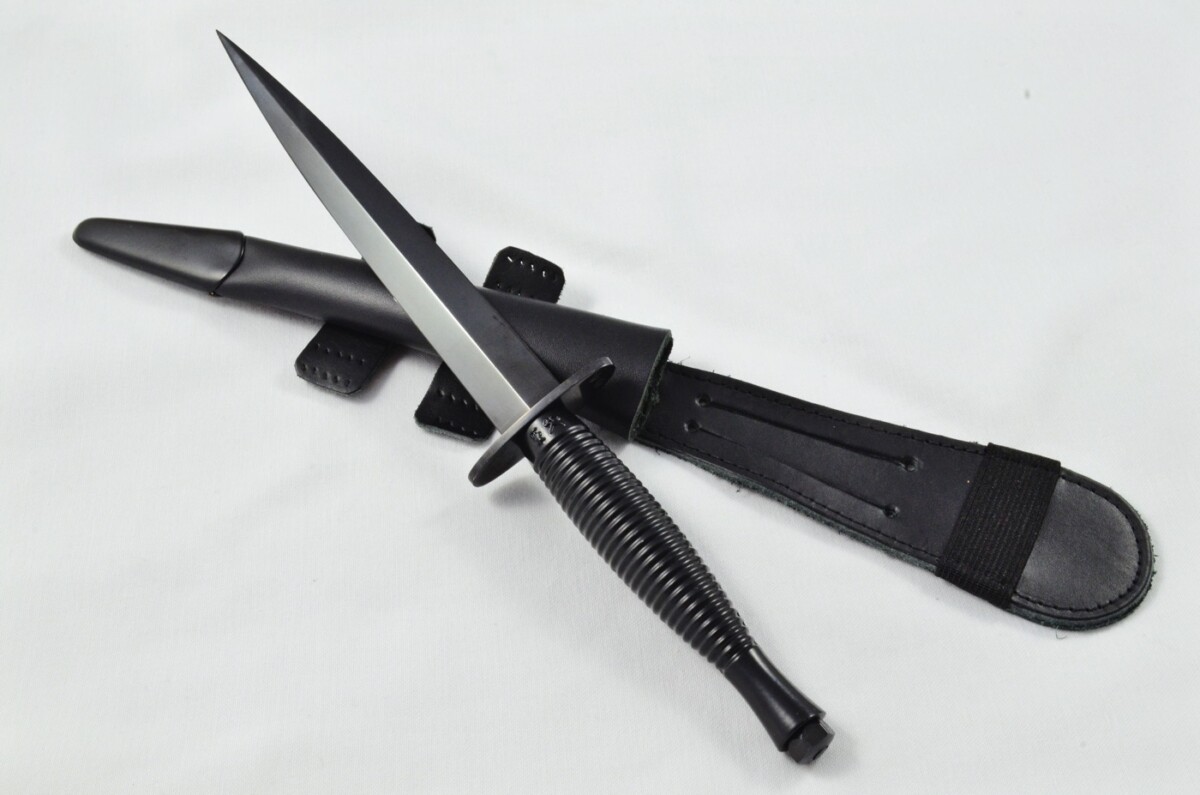 2025 Fairbairn Sykes Type 3 Black Handle Black Blade Commando Knife Made in Sheffield England - Leg Sheath