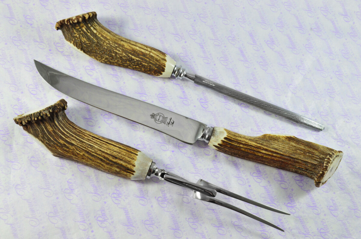 A Genuine Stag Crown Antler Handle 3 Piece Carving Set Cased Made In Sheffield England - Image 4