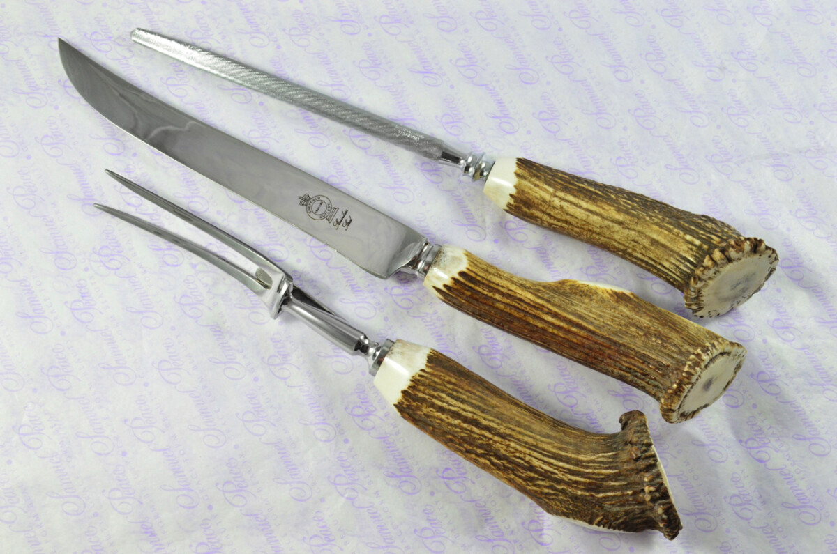 A Genuine Stag Crown Antler Handle 3 Piece Carving Set Cased Made In Sheffield England - Image 2
