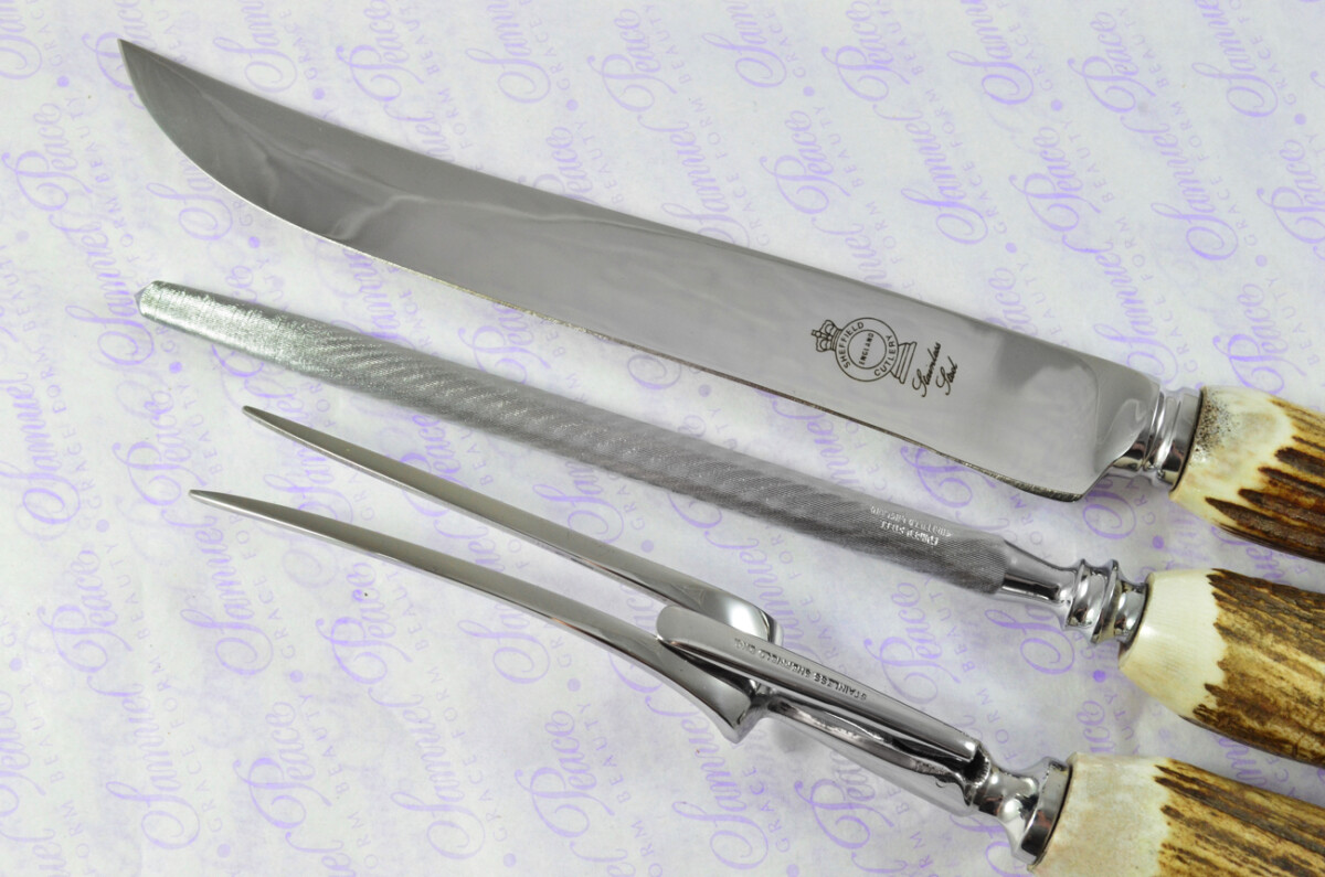A Genuine Stag Crown Antler Handle 3 Piece Carving Set Cased Made In Sheffield England - Image 10