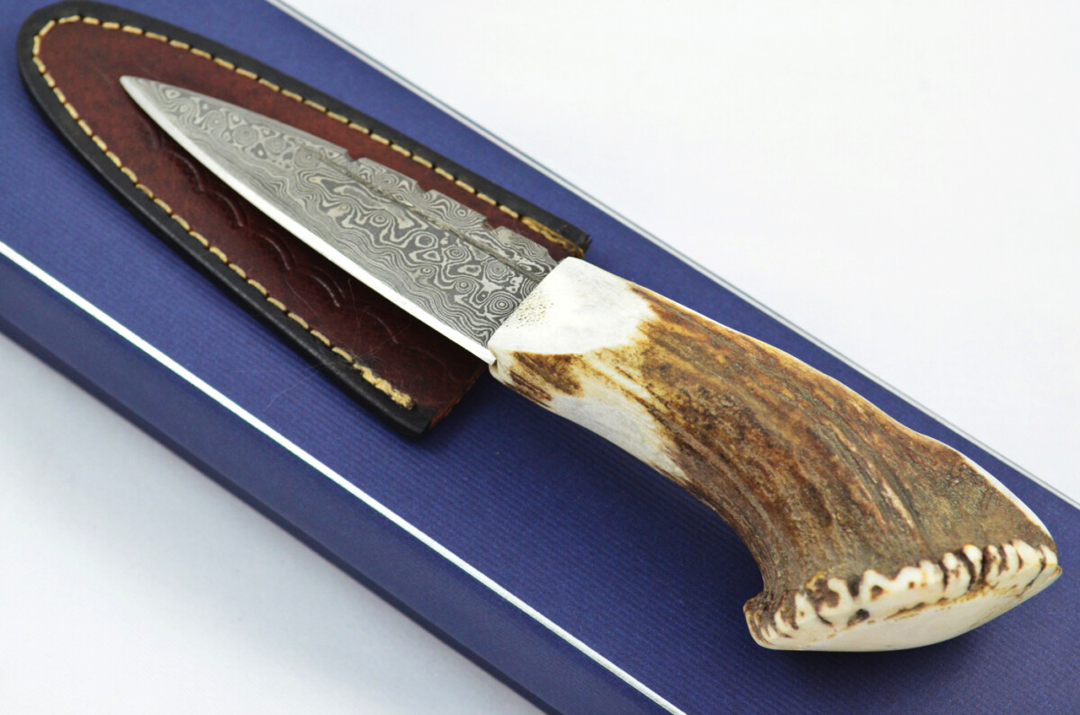 A Genuine Full Crown Damascus Steel Stag Horn Antler Handle Sgian Dubh Sheffield England