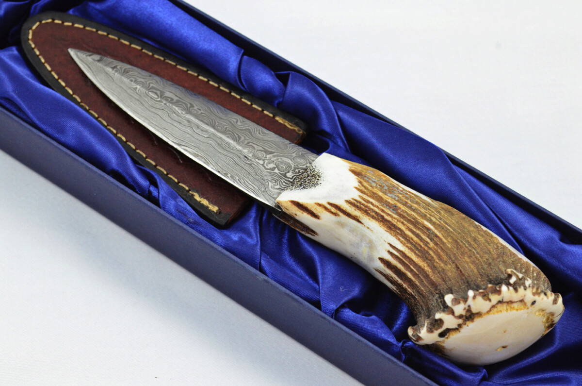 A Fantastic Handmade Genuine Stag Horn Full Crown Handle Damascus Steel Double Edge Sgian Dubh Made in Sheffield England - Image 2