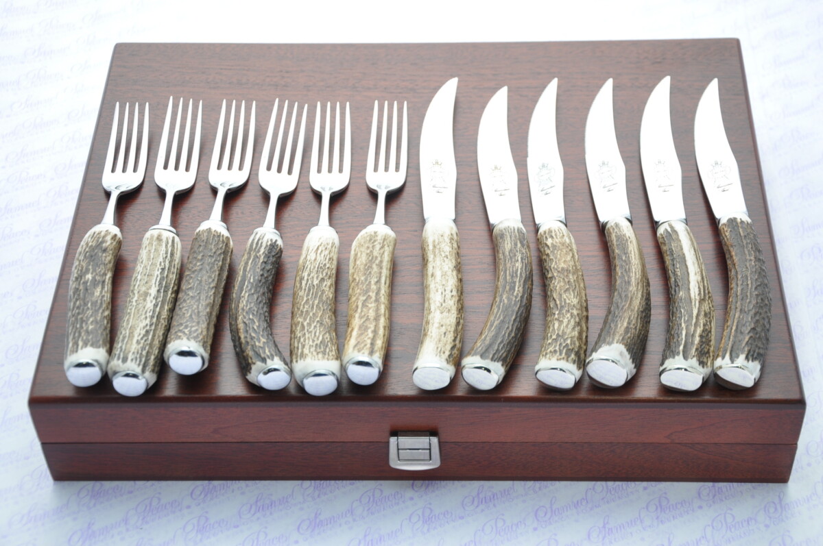 Twelve New Genuine Stag/Antler Handle Steak Knives & Forks Made Sheffield England Cased - Image 8