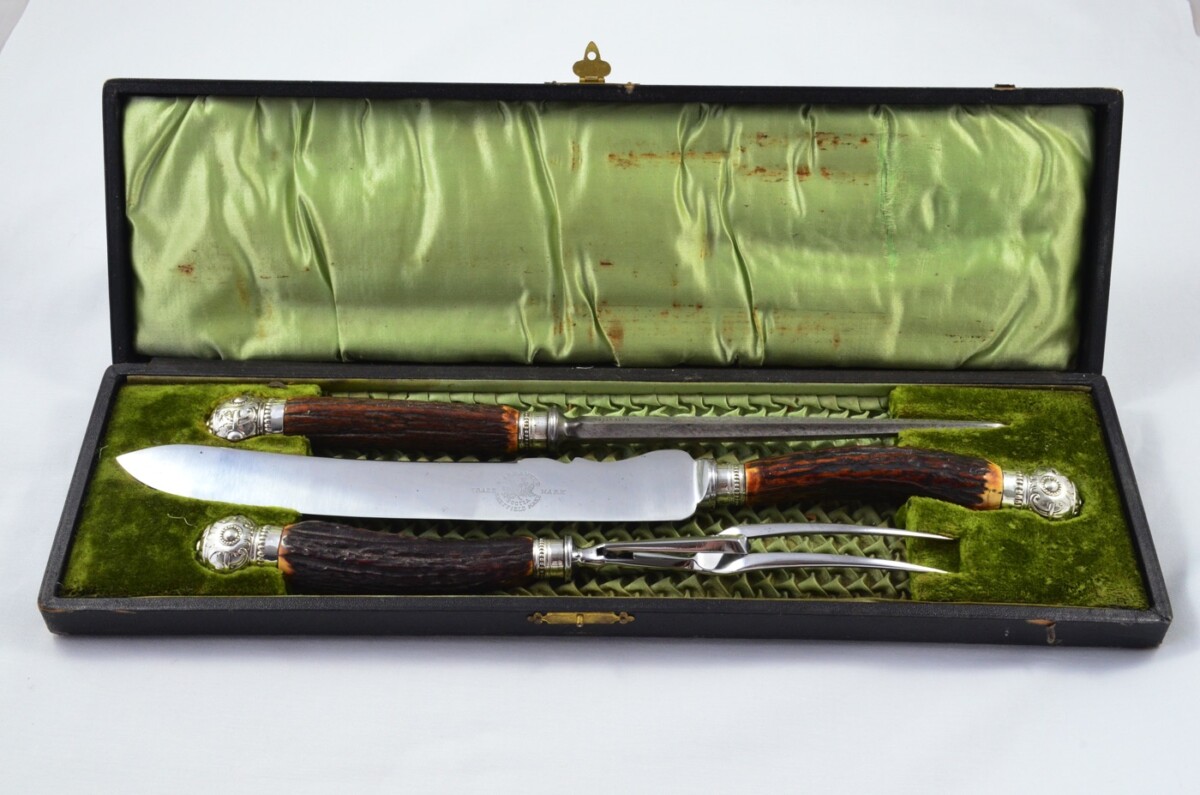 Scotia Sheffield Handmade Stag Antler Horn Handled 3 Piece Carving Set - Silver Plated Cap & Ferrule c.1880