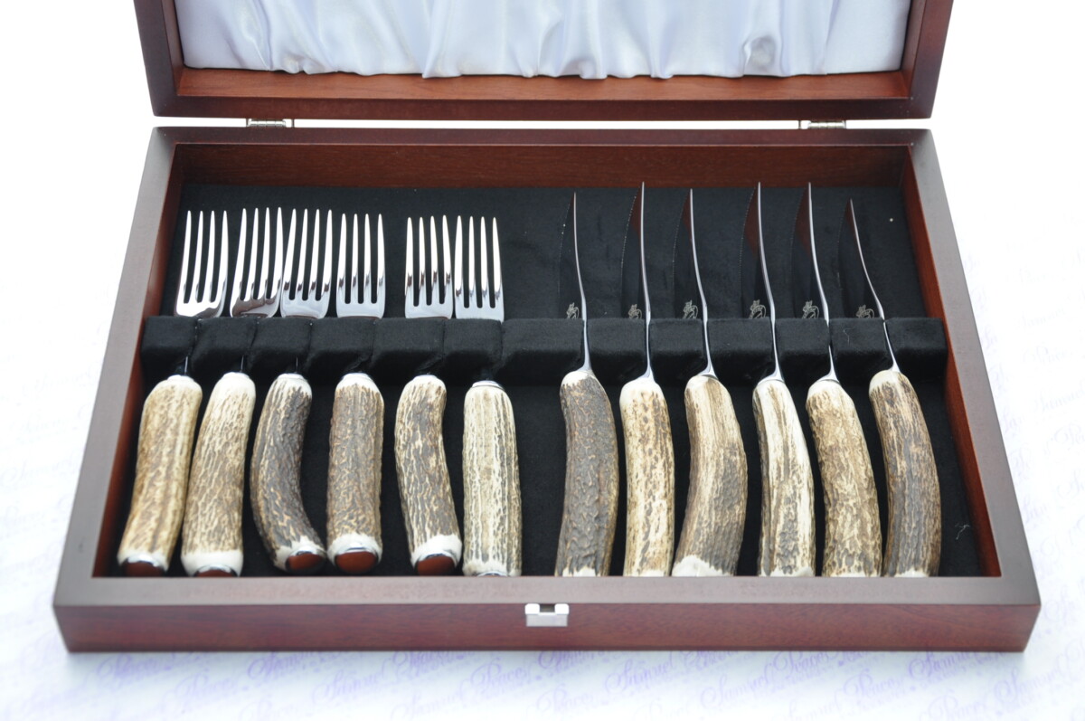 Twelve New Genuine Stag/Antler Handle Steak Knives & Forks Made Sheffield England Cased