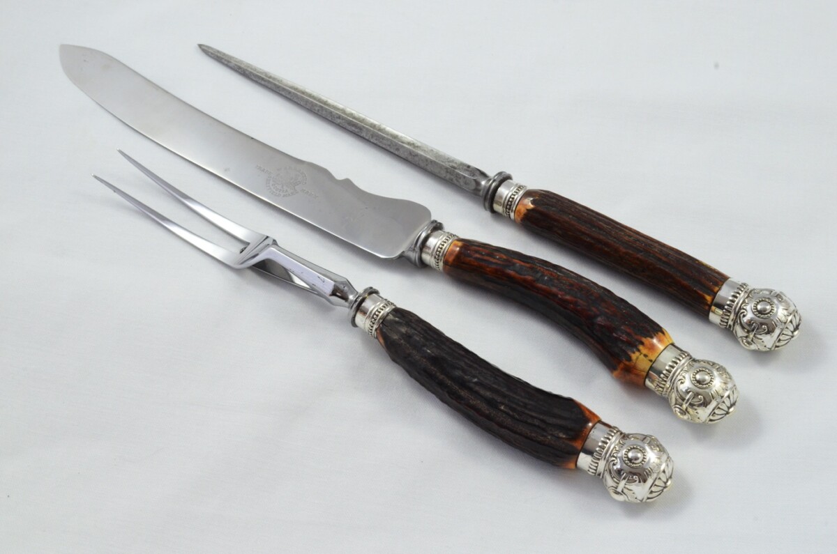 Scotia Sheffield Handmade Stag Antler Horn Handled 3 Piece Carving Set - Silver Plated Cap & Ferrule c.1880 - Image 2