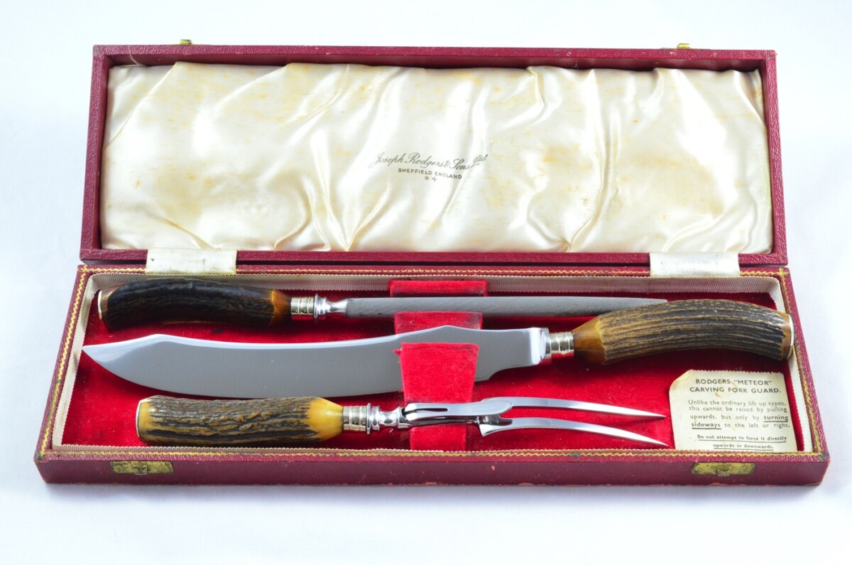 Joseph Rodgers & Sons Sheffield Handmade Stag Antler Horn Handled 3 Piece Carving Set c.1900